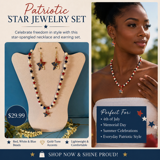 Handmade Patriotic Star Jewelry Set | Red White & Blue Beaded Necklace Earrings