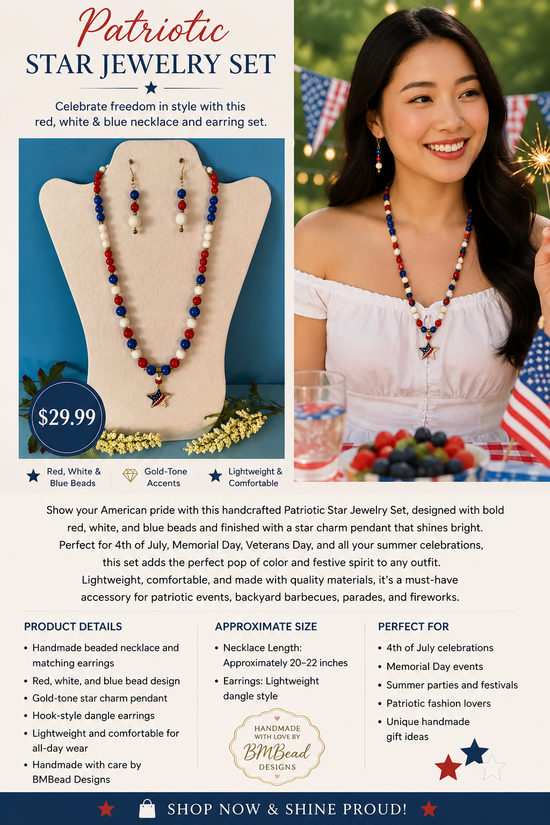 Patriotic Star Beaded Jewelry Set – Handmade Red, White & Blue Necklace and Earrings