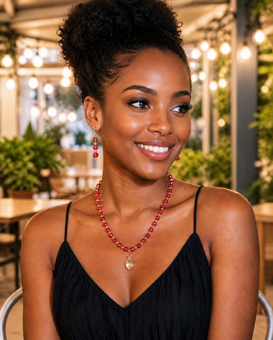Crimson Red Crystal Necklace and Earring Set | Handmade Beaded Jewelry