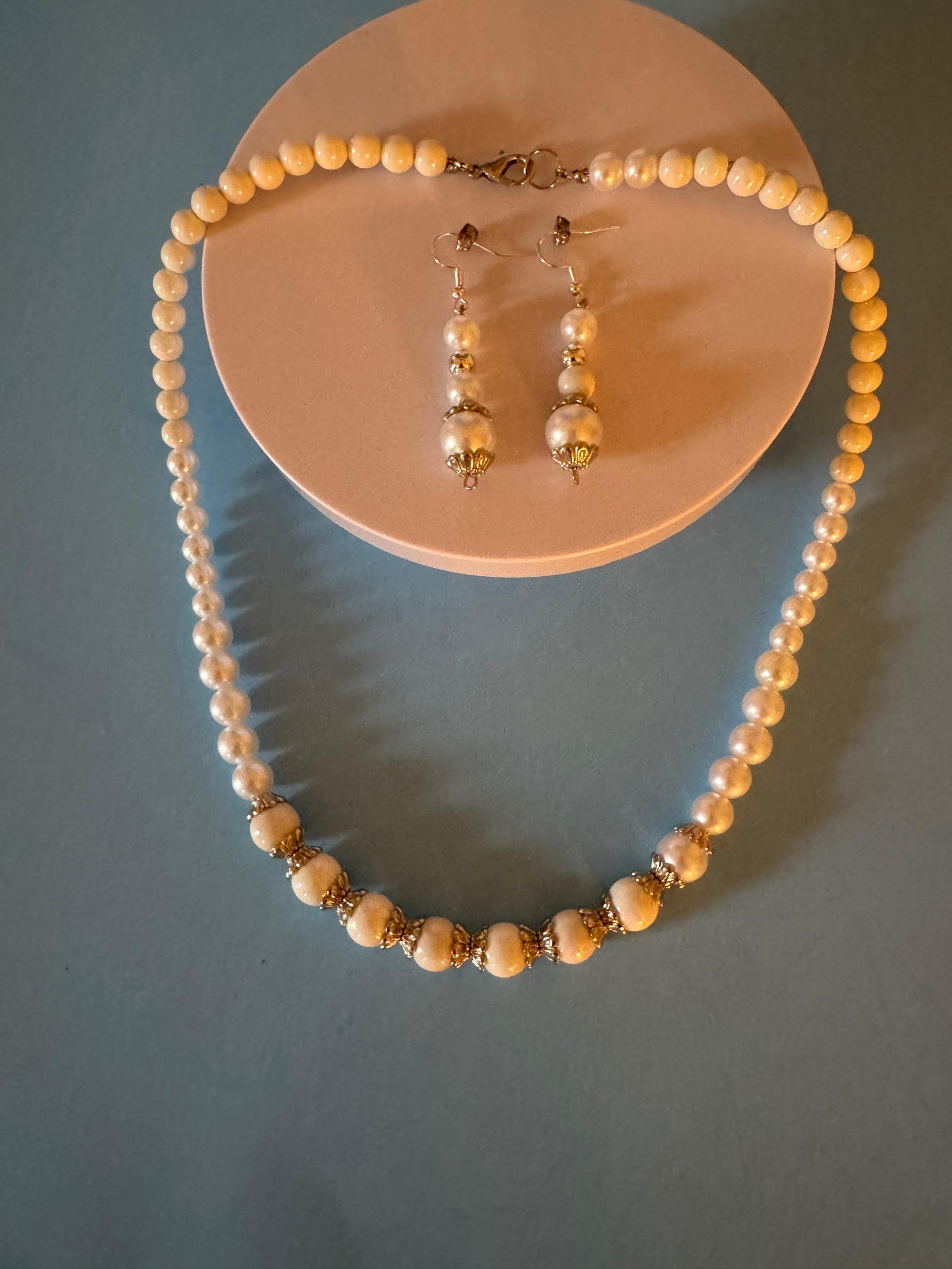 Classic Ivory Faux Pearl Necklace Set with Silver Accents & Dangle Earrings/Handmade