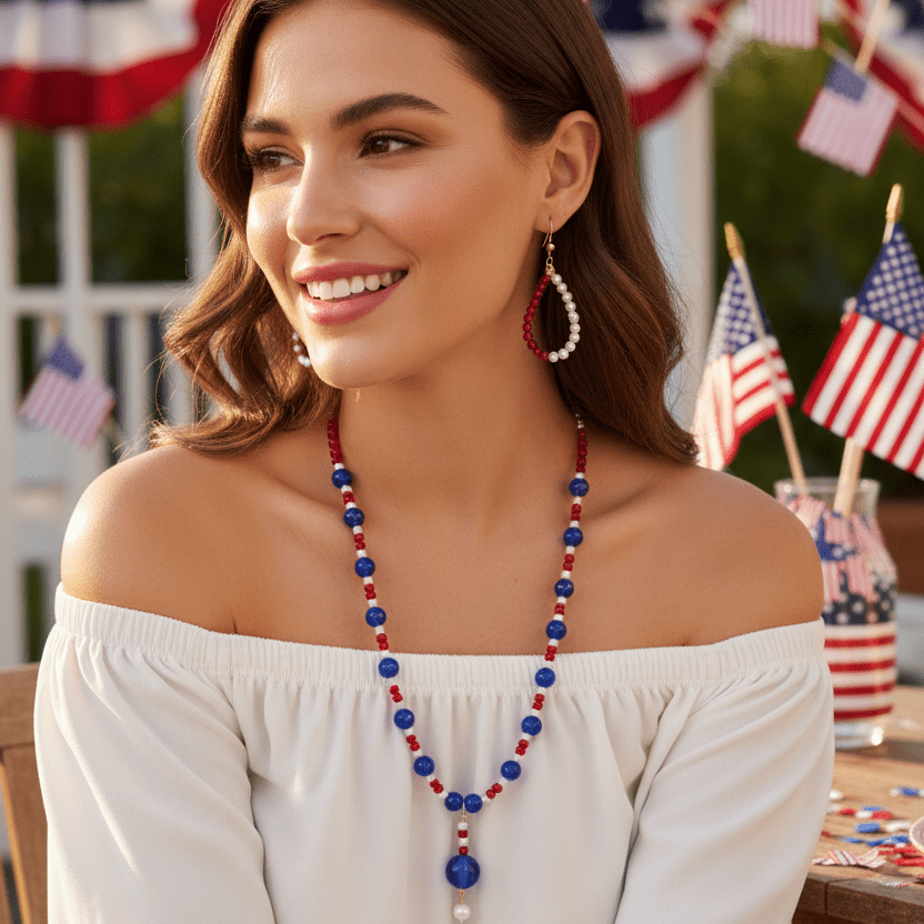 Elegant Red, White & Blue Beaded Jewelry Set