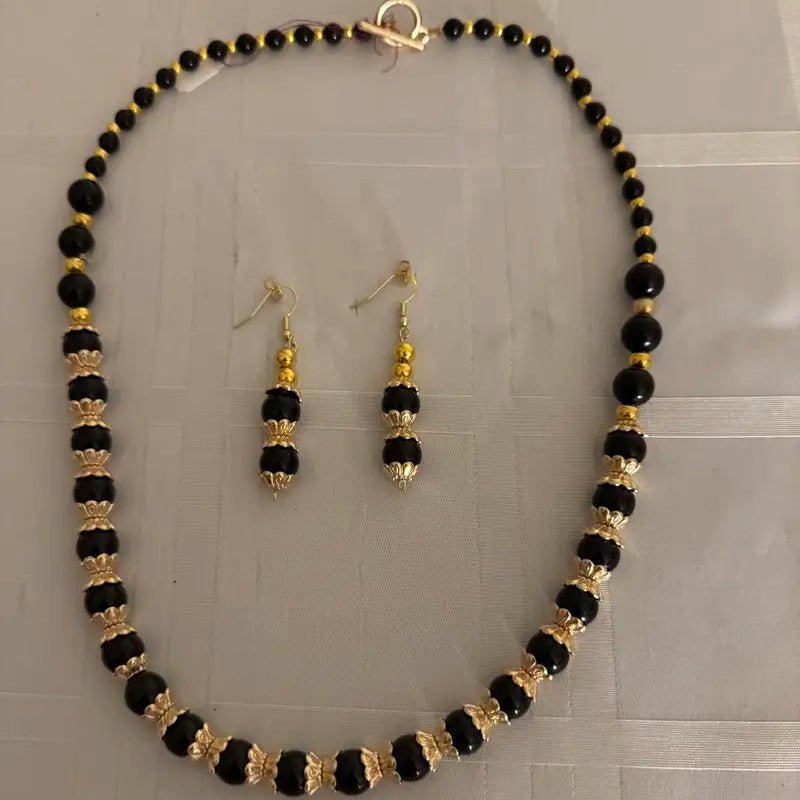 Gold & Black Glass Bead Necklace & Earring Set