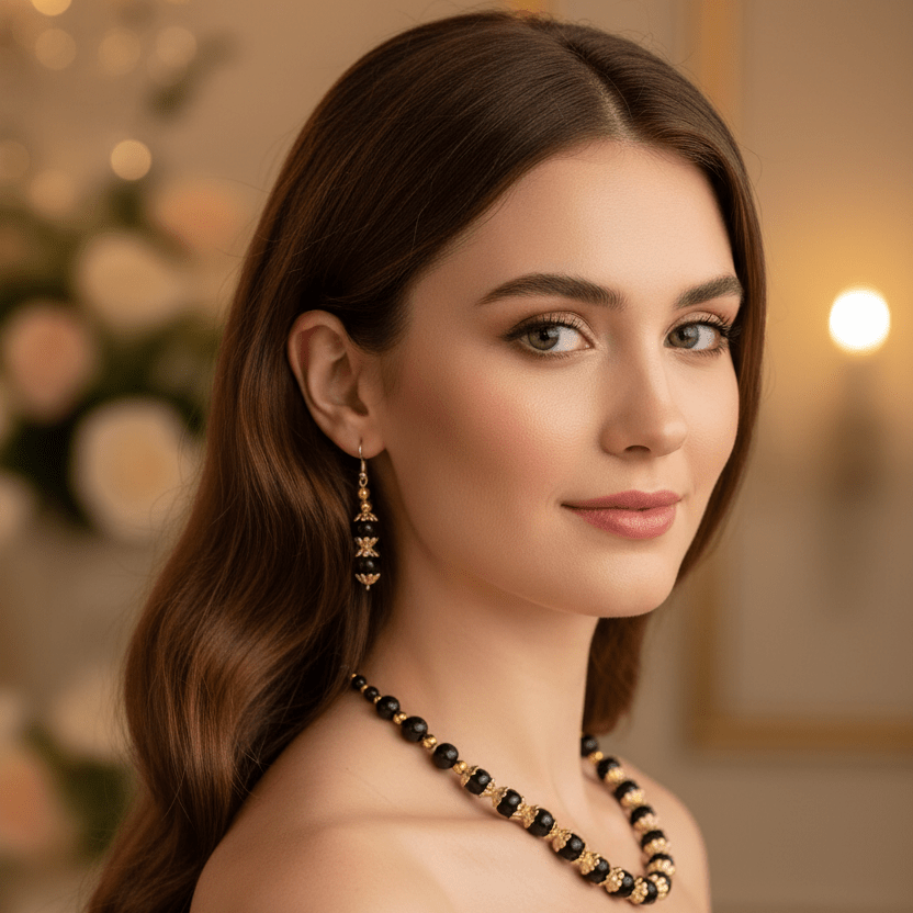 Gold & Black Glass Bead Necklace & Earring Set