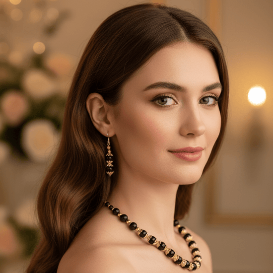 Gold & Black Glass Bead Necklace & Earring Set