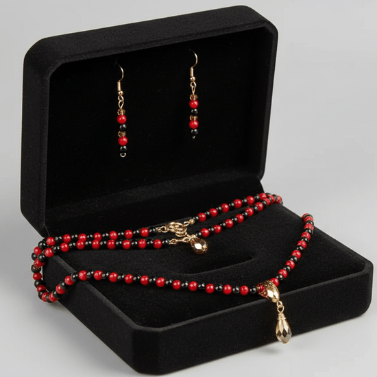 Red & Black Beaded Necklace & Drop Earring Set