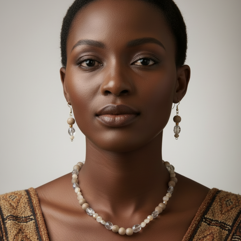 Woman wearing an african print top and beaded pearl necklace with matching earrings