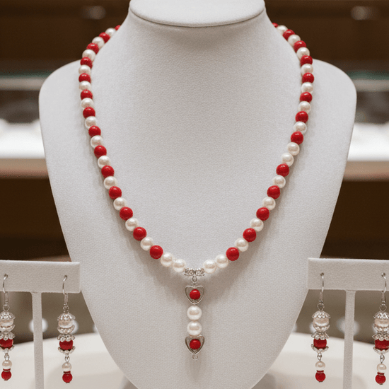 Red & White Heart Pendant Necklace & Earring Set