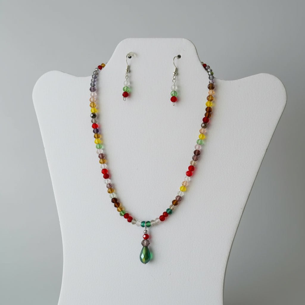 Colorful Beads Necklace set with Green Drop Charm