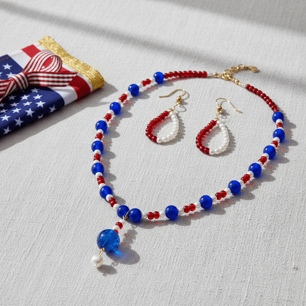 Elegant Red, White & Blue Beaded Jewelry Set in patriotic setting