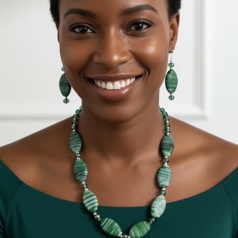 Green beaded necklace and earring set