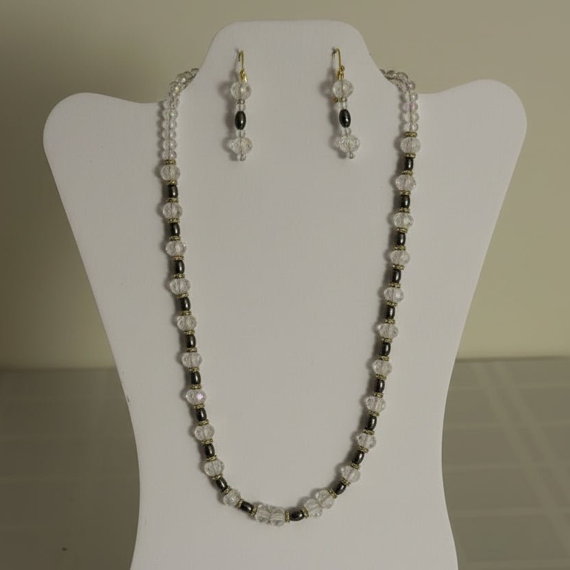 Transparent Glass & Green Beaded Necklace & Earring Set