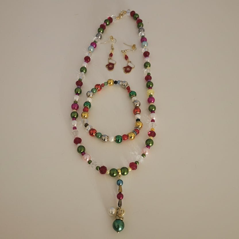 Multicolor Glass Bead Necklace with Iridescent Green Pendant