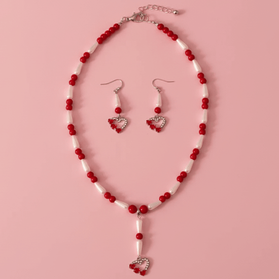 White & Red Heart Pendant Necklace & Drop Earring Set