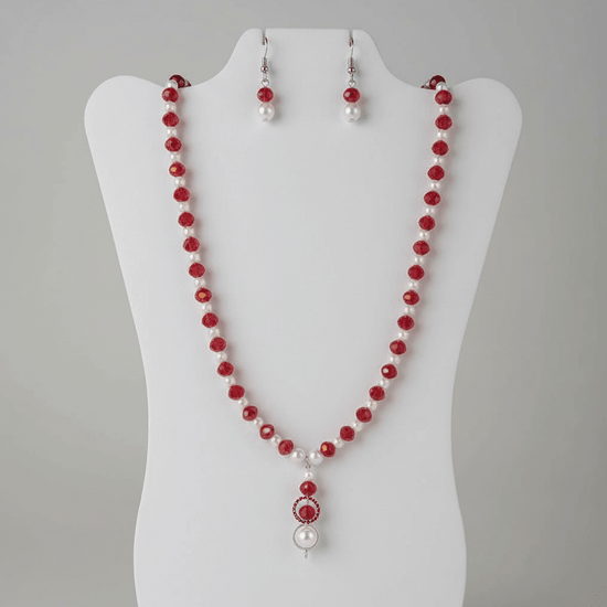 Red Bead & Pearl Accent Necklace & Earring Set